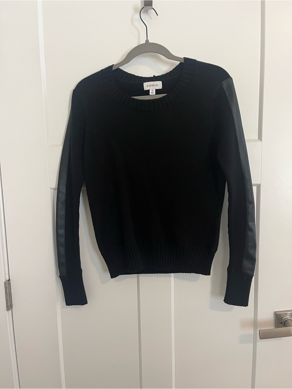 Evereve Black Crewneck Sweater with Faux-Leather Sleeve Detail